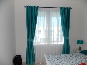 Eyelets Curtains with net and bed throw of Bed Room - Meydan Height Dubai Villa Project